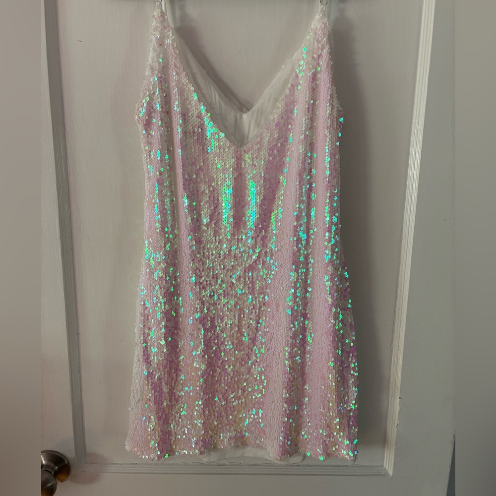 Lulu’s Pink Iridescent Sequin Mini Dress | Birthday Bachelorette Party View 3